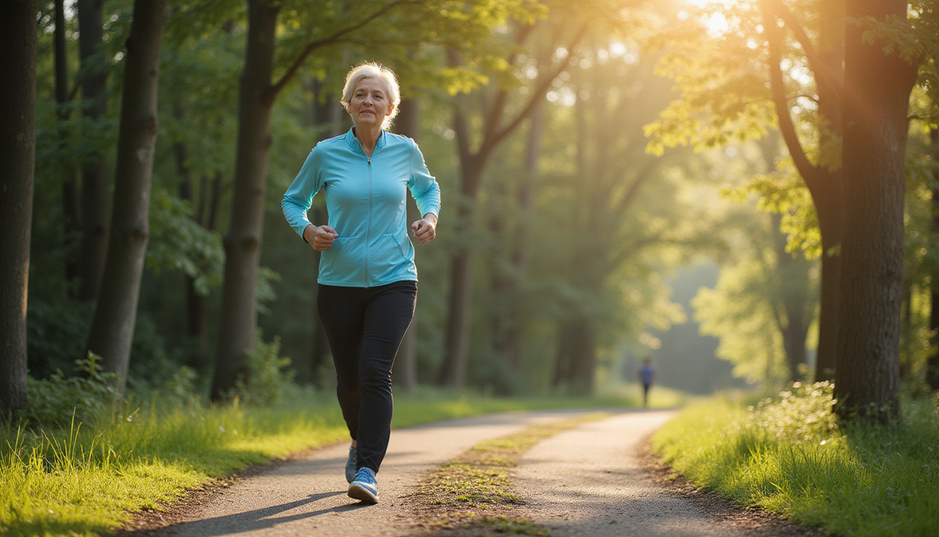  Elderly woman jogging on forest path, translucent cartilage overlay, scientific molecules, hopeful atmosphere
