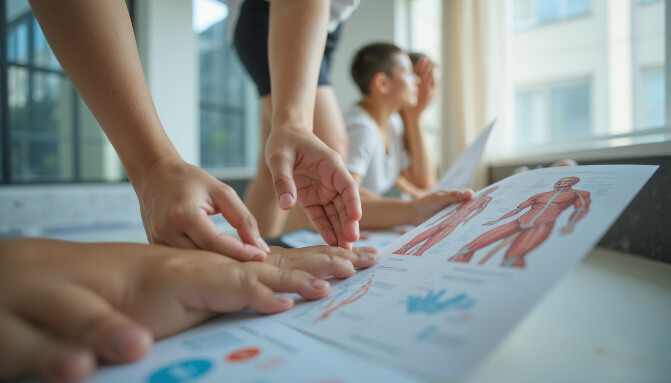  Close-up hands guiding mobility exercises, anatomical charts, serene urban Singapore background, hopeful expression