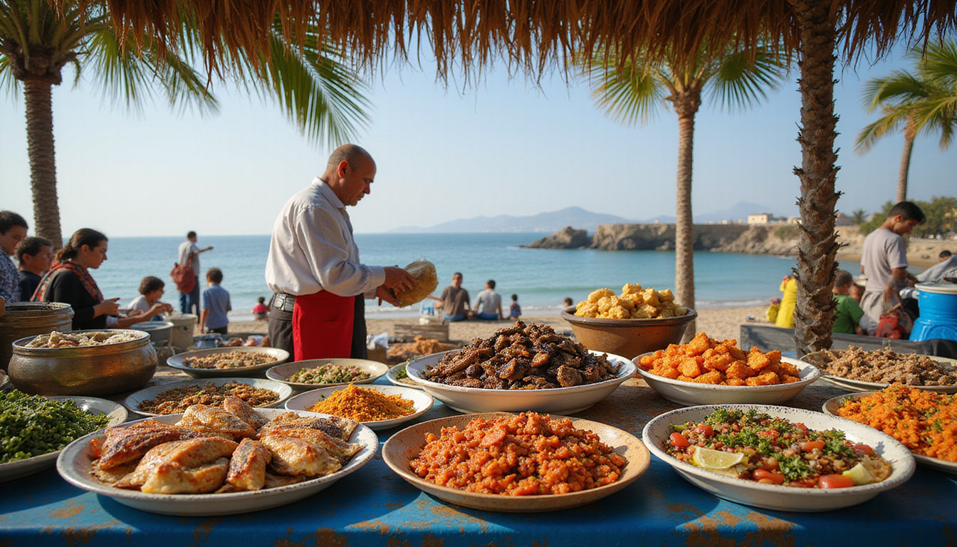  Seaside market stall serving grilled fish and spicy mezze, vendors, ceramic plates, palm shade