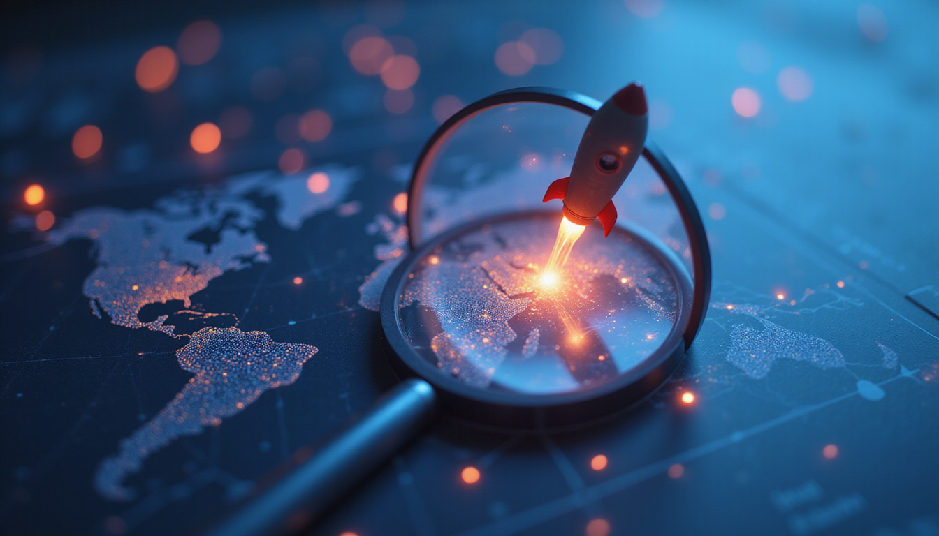 Magnifying glass revealing hidden market map, glowing data points, rocket launching upward