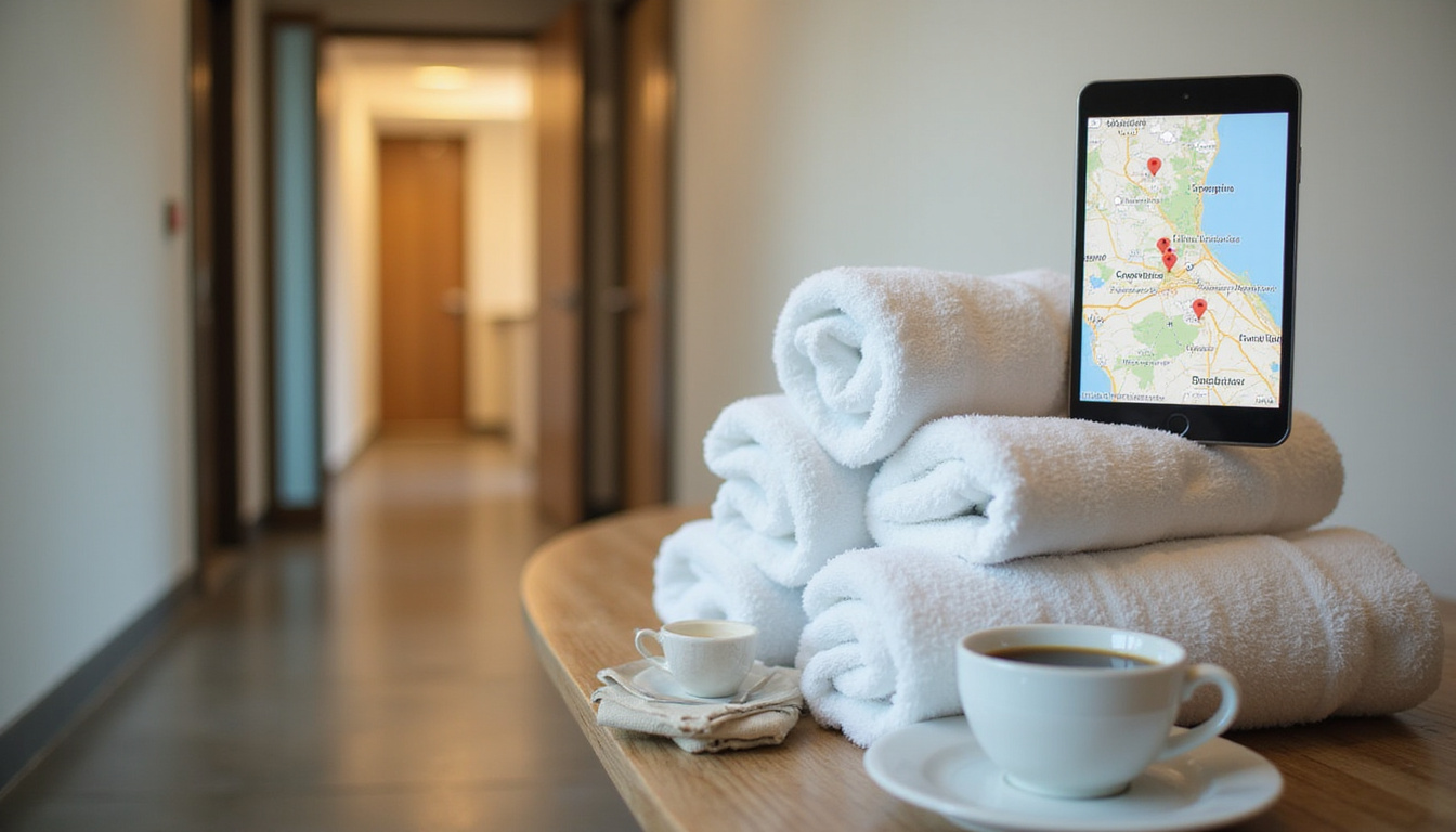  Traveler relaxing, day use hotel corridor, crisp towels, coffee, digital map showing short stay deals