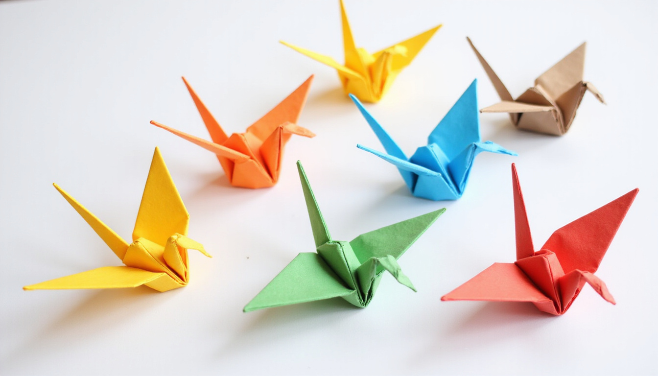  Colorful origami cranes arranged tutorial-style, clean white background, crisp crease details, instructional arrows