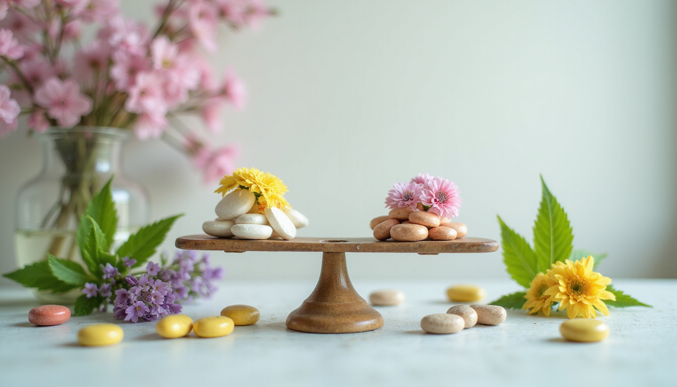  Herbal remedy concept: scales balancing pills and flowers, soft clinic background, informative labels