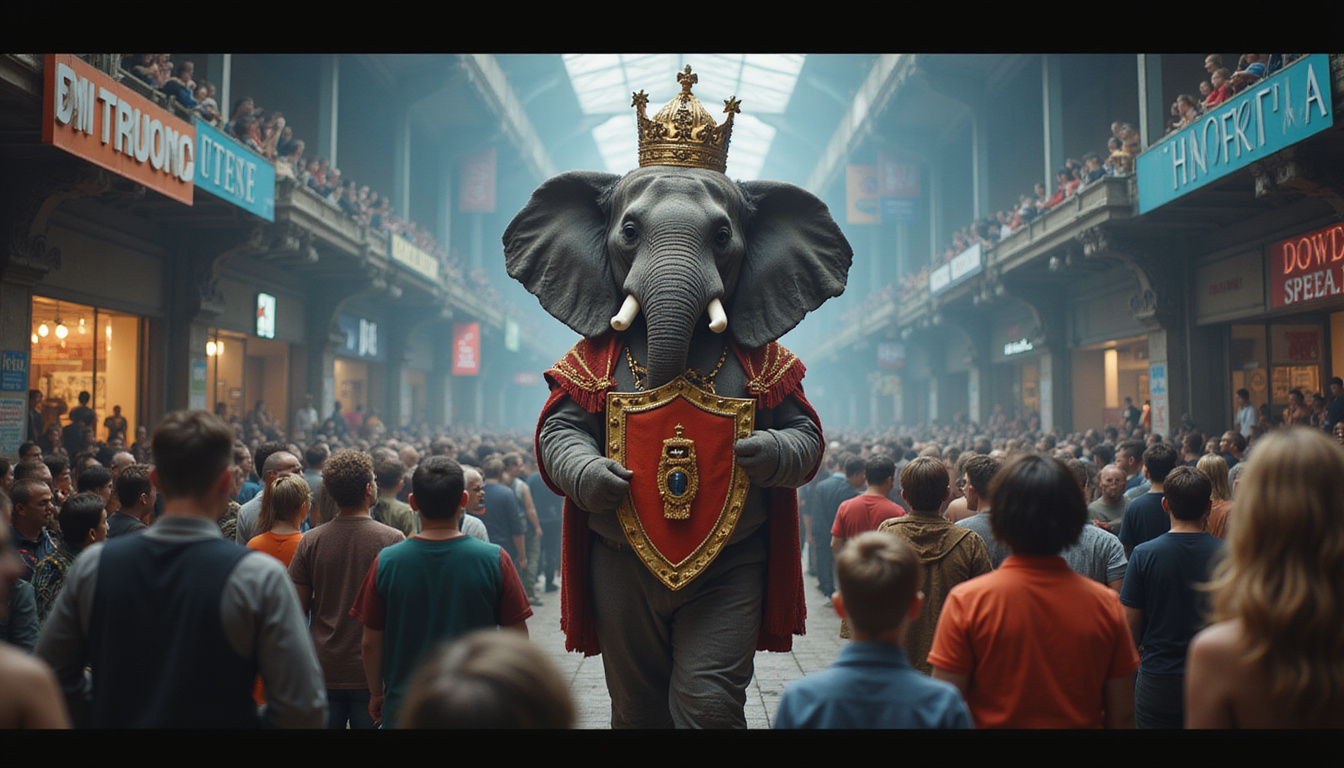  Regal elephant mascot with shield of loyalty, diverse crowd, soft cinematic lighting, bold typographic signage