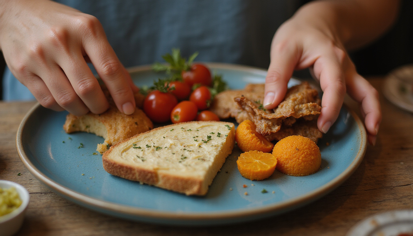  Close-up hands artistically placing symbolic foods on blue ceramic seder plate, warm family glow