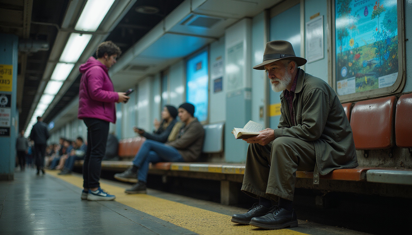 Elder storyteller on subway platform casting luminous creation myths that shape commuters