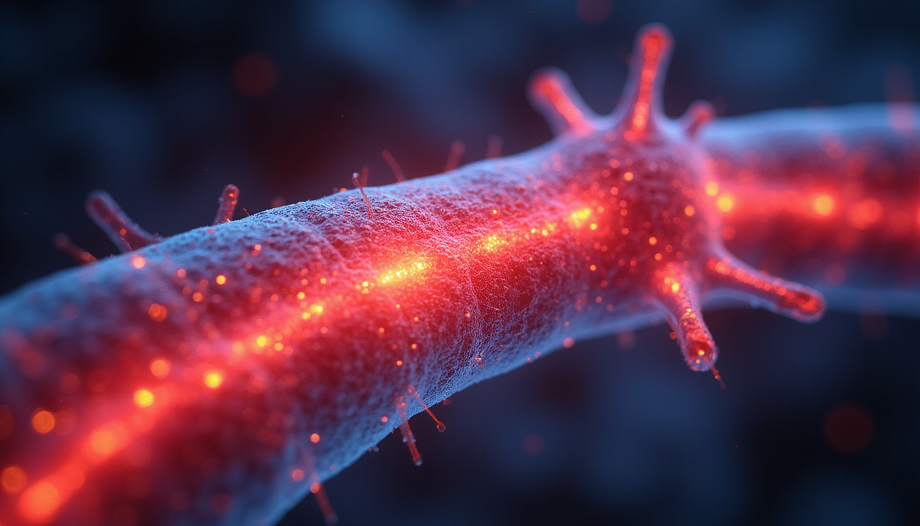  close-up cross-section of inflamed nerve sheath glowing red, therapeutic interventions icons, rehabilitative exercises
