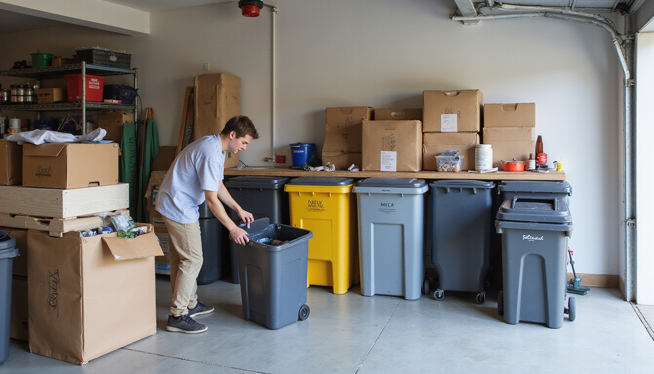  Garage decluttering hack: person compacting trash, DIY sorting station, stacked storage boxes, tidy floor