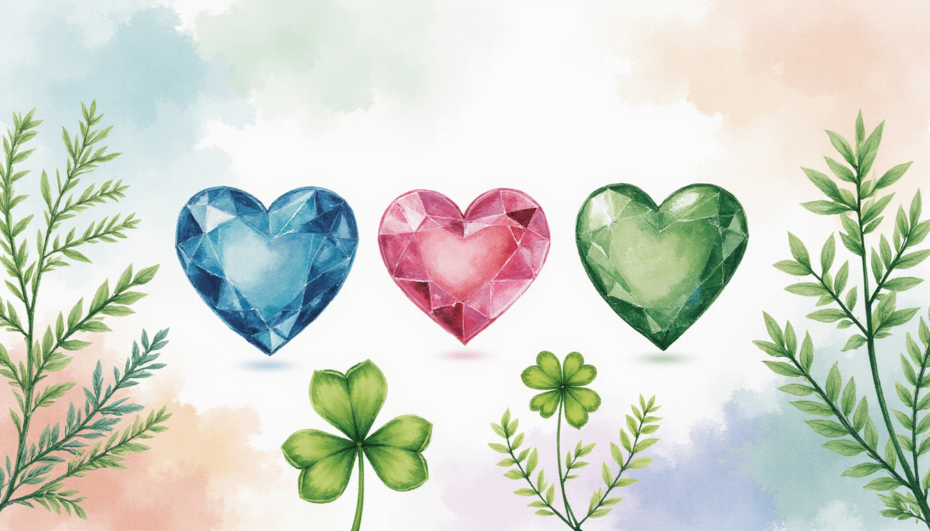 Ethereal tableau: gemstone hearts, four-leaf clover, healing herbs, soft pastel aura, mystical watercolor style