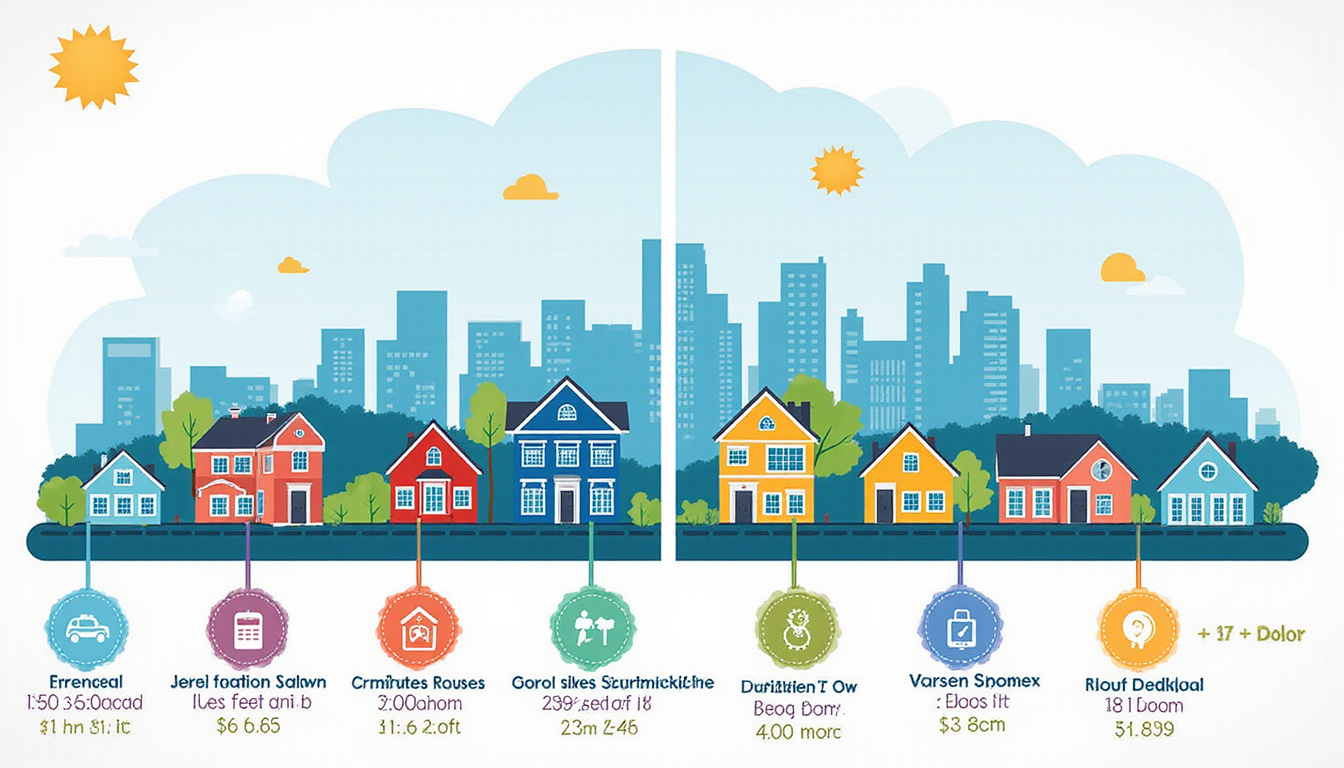 Split-screen relocation chart: suburban houses, urban skyline, commute times, school ratings, safety score badges