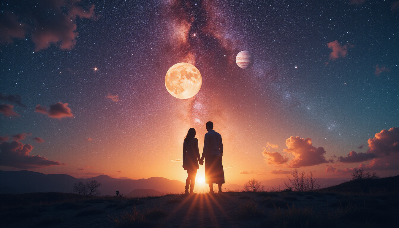 Silhouetted couple beneath astral chart as planets swap positions, luminous mutual reception aura