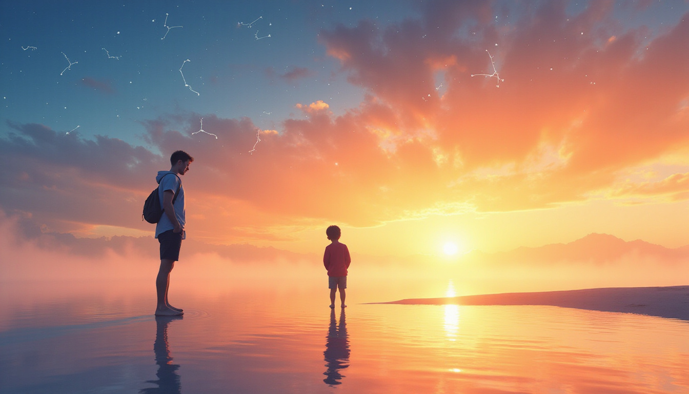 Mother and son practicing morning habits, checklist floating like constellations, gentle sunrise background