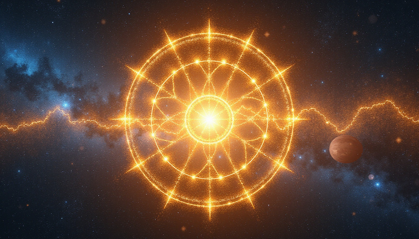 Transformative birth chart made of stars, light pathways reshaping life, cosmic golden aura