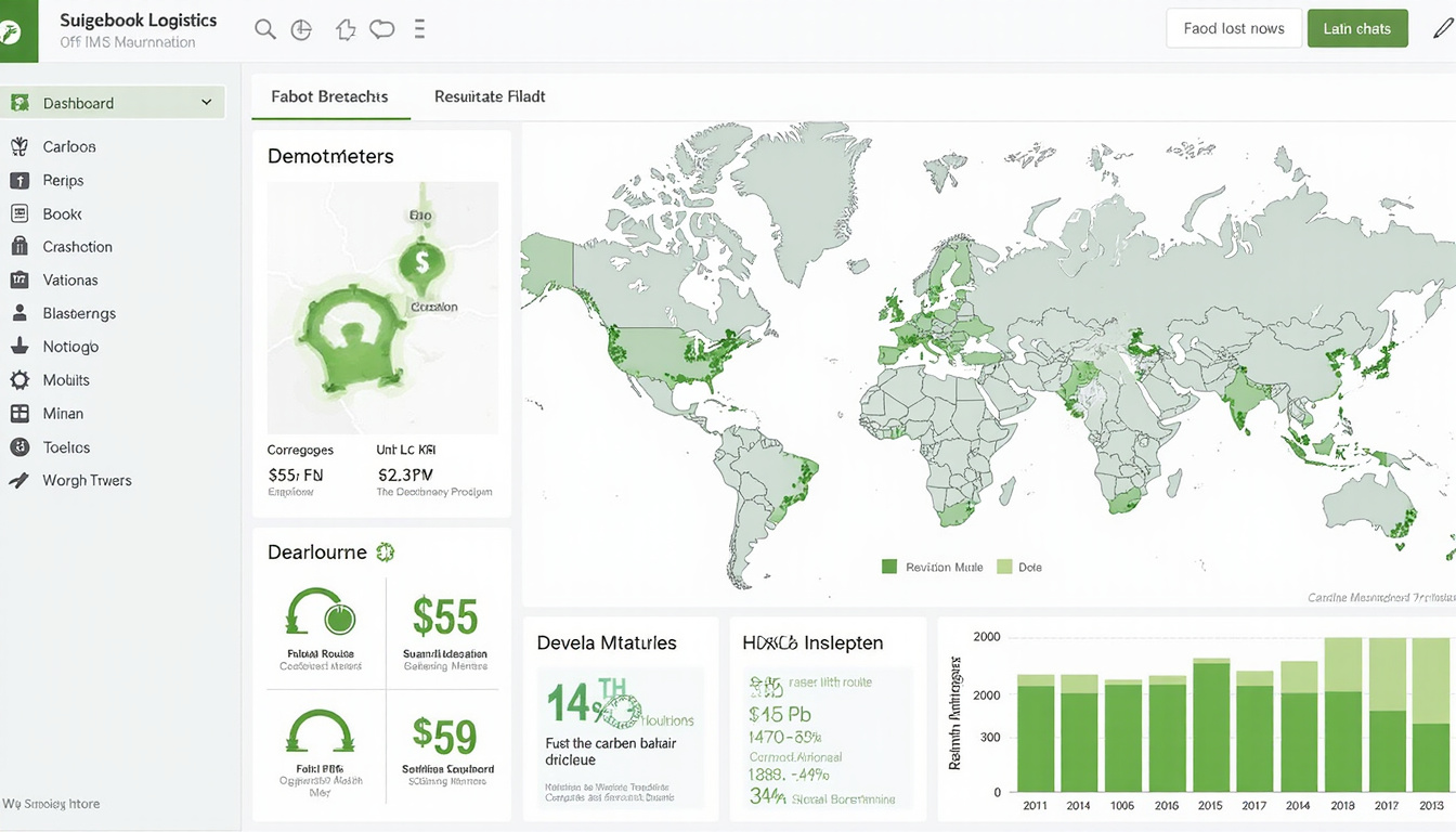  Infographic-style logistics dashboard showing routes, carbon meters, cost savings, green icons, clean minimal