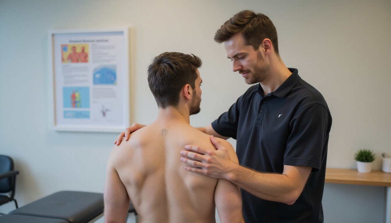  male patient guided by physiotherapist doing scapular retraction exercises, soft clinic lighting, instructional diagram