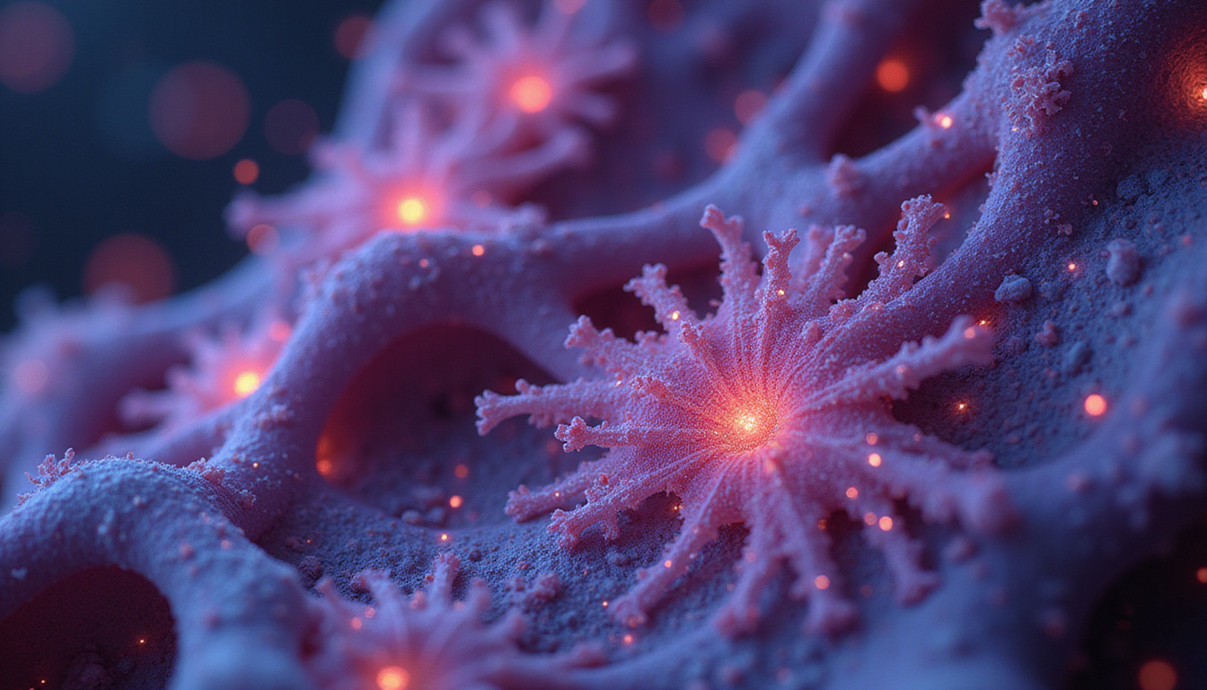 Microscopic scene, ADAMTS enzymes blocked by glowing nanoparticles, cartilage collagen fibers preserved