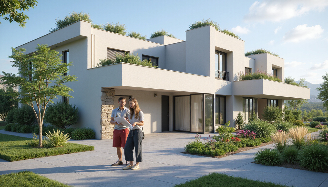  Modern low-rise coastal investment complex, affordable units, rooftop gardens, young couple reviewing floorplans