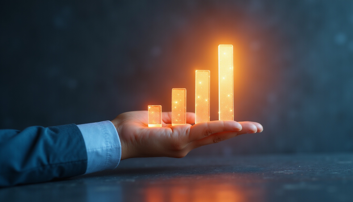 Hand holding glowing loyalty badge above growing bar graph, warm light, minimalist corporate style