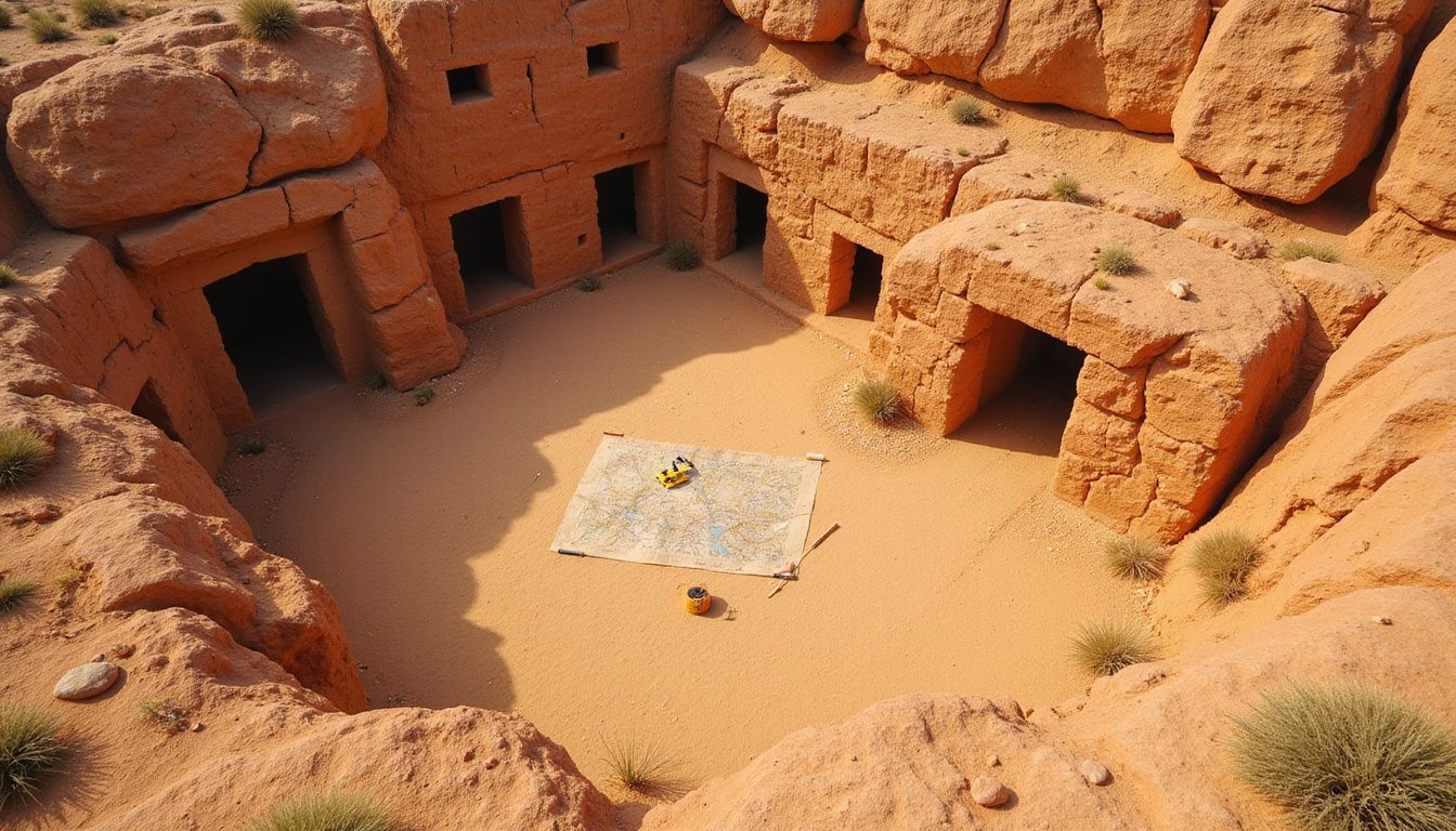  Aerial view of sandstone valley with clustered tomb entrances, ancient maps and modern survey equipment