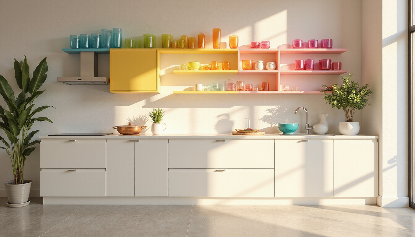Minimal kitchen styled with rainbow glassware, color-blocked shelves, warm morning light, joyful atmosphere