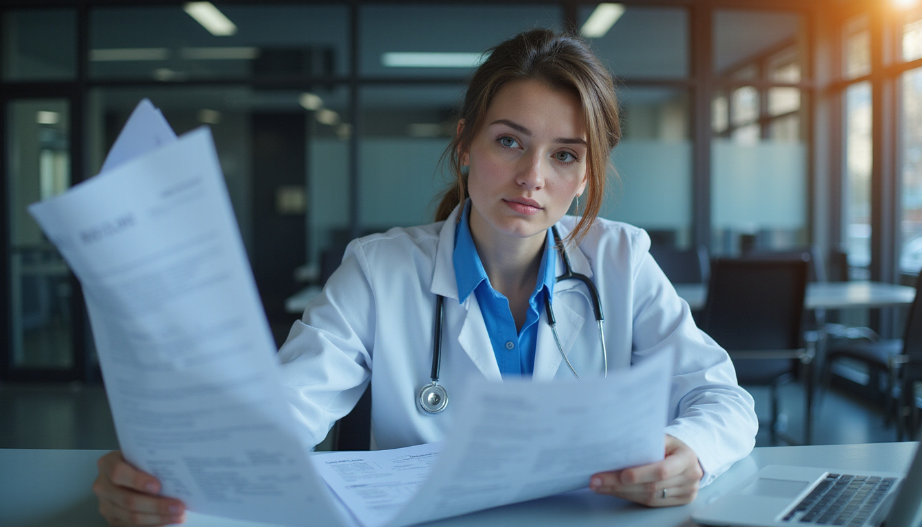  Determined medical coder reviewing charts, Medicare denial stamp looming, focused intense lighting