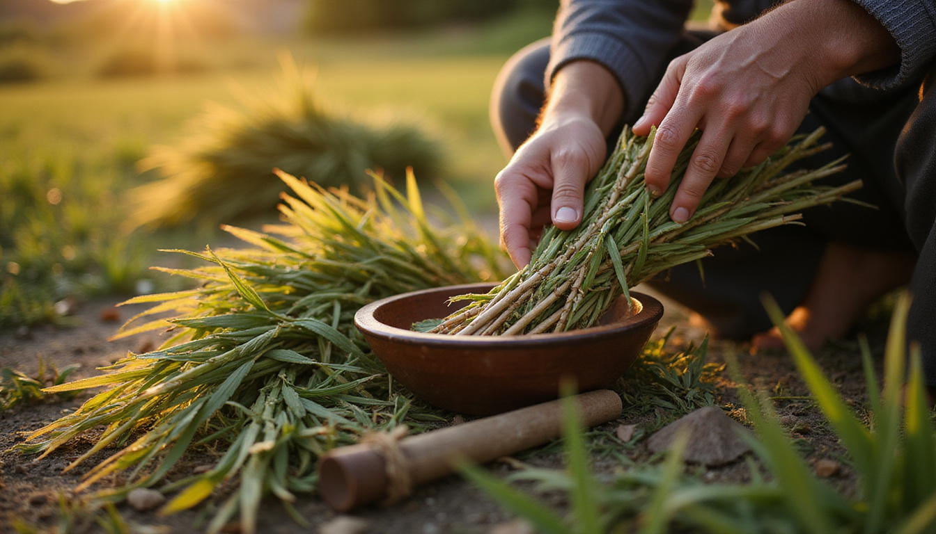 Elderly hands harvesting sweetgrass at dawn, braided bundles, a smudging bowl nearby