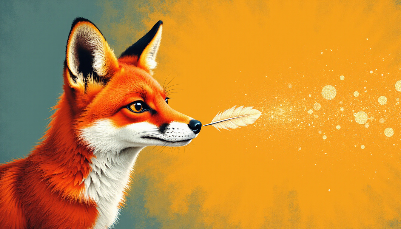 Cunning fox whispering shimmering words into human ear, pen transforming into quill of influence
