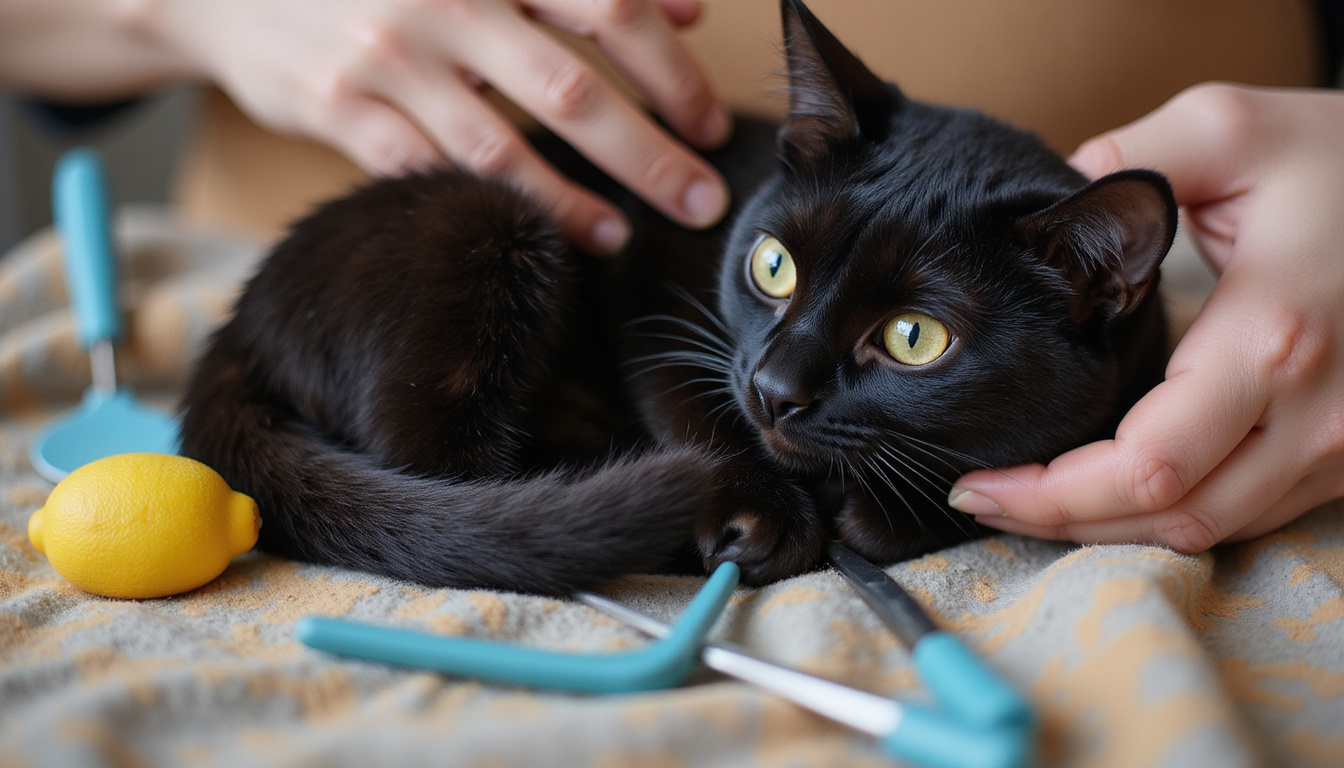 Affectionate black cat curled on a cozy blanket with grooming tools, tender human hands