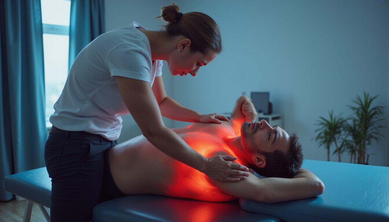 Physiotherapist guiding man through piriformis stretch, pain points glowing red, calm modern studio