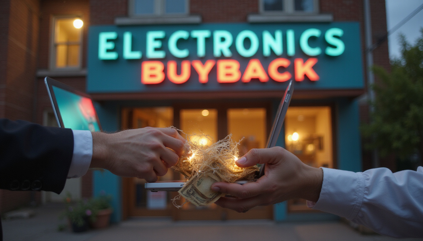Hands exchanging vintage laptop for glowing cash, storefront Electronics Buyback, eco recycling logo