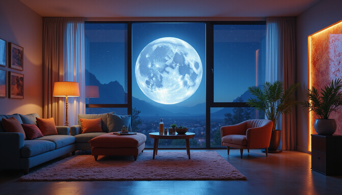  Moonlit living room where Aries, Cancer, Libra, Capricorn interact, threads of emotion glowing between them