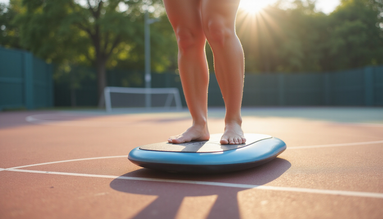  Close-up hips and legs in motion, balance pad, bright outdoor court, power and speed