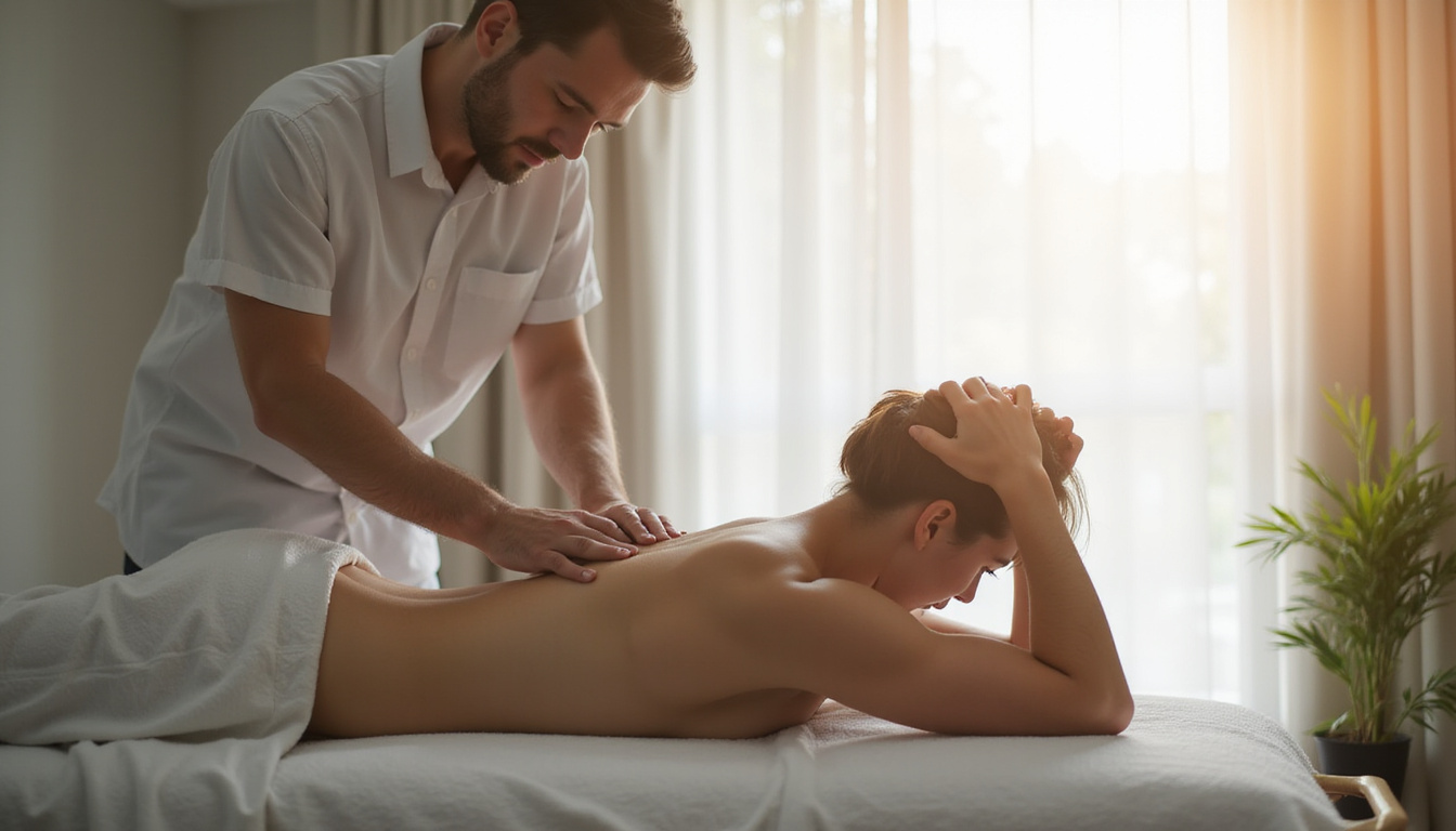  Calm client on table, therapist sensing craniosacral rhythm, soft light promising lasting pain relief