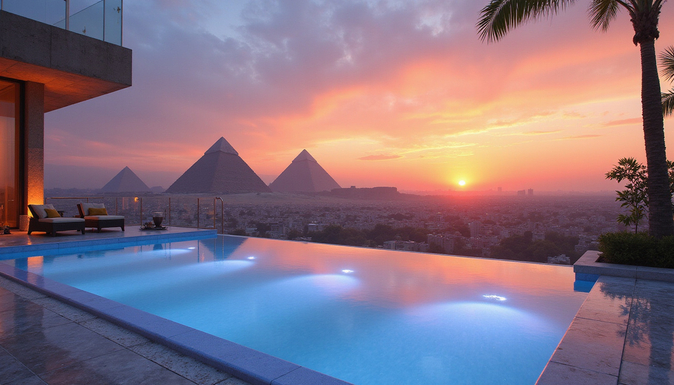 Rooftop infinity pool overlooking pyramids at sunset robotic concierge warm marble and ambient LED lighting