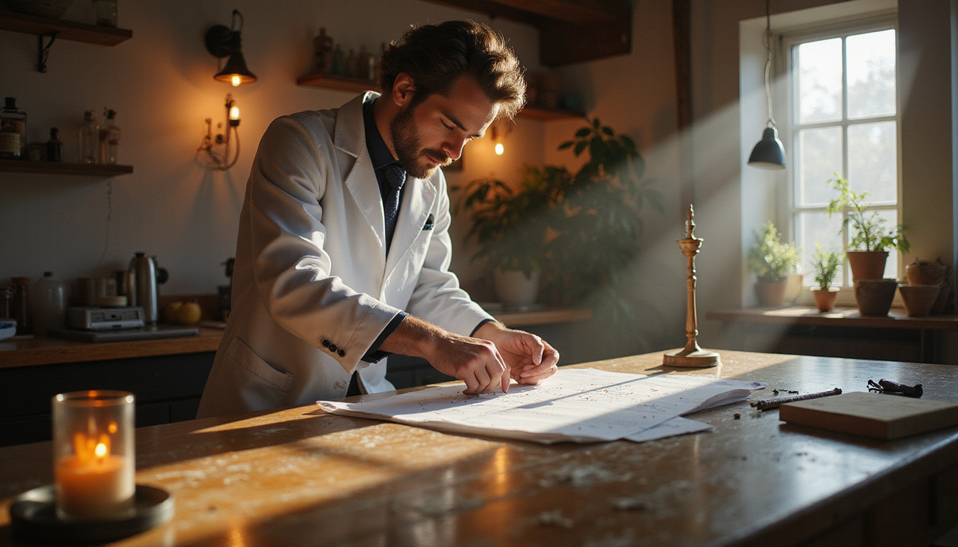 Modern scientist in lab knocking wooden table, equations, ritual candles, soft golden light