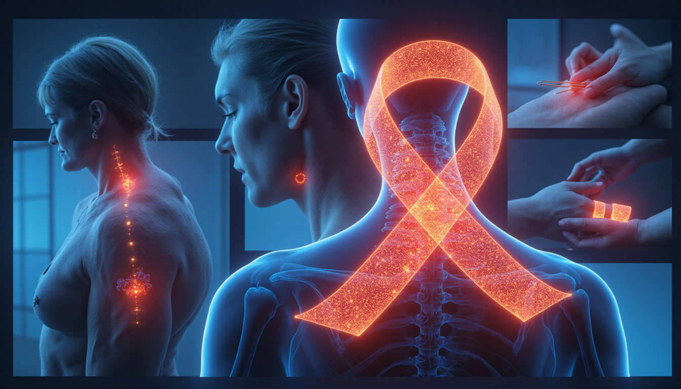  Artistic collage of stem-cell therapy, acupuncture, exercise, supportive brace, glowing ribbon symbolizing lasting pain relief