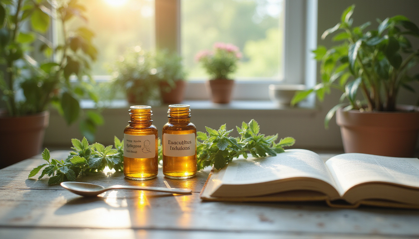 Apothecary scene with labeled eucalyptus tinctures, safety icons, dosage spoon, open remedy handbook, warm light