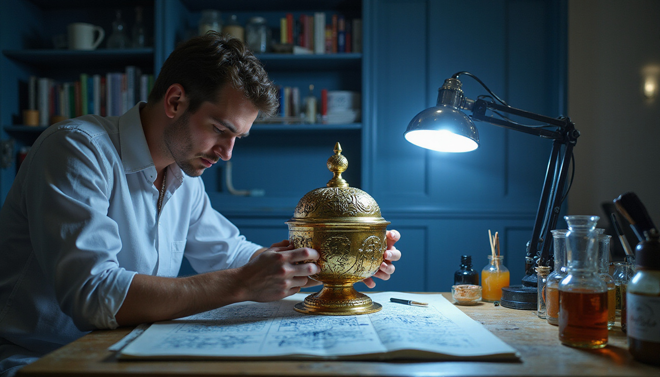 Conservator restoring tarnished ciborium under magnifying lamp, brushes, lacquer jars, X-ray schematic overlay