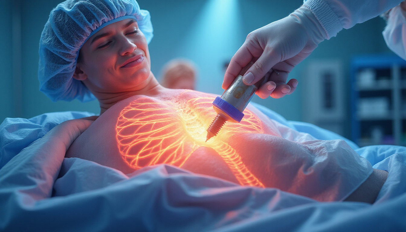 Medical breakthrough illustration: surgeon adjusting pump, radiant pain dissipating from body, opioid-free