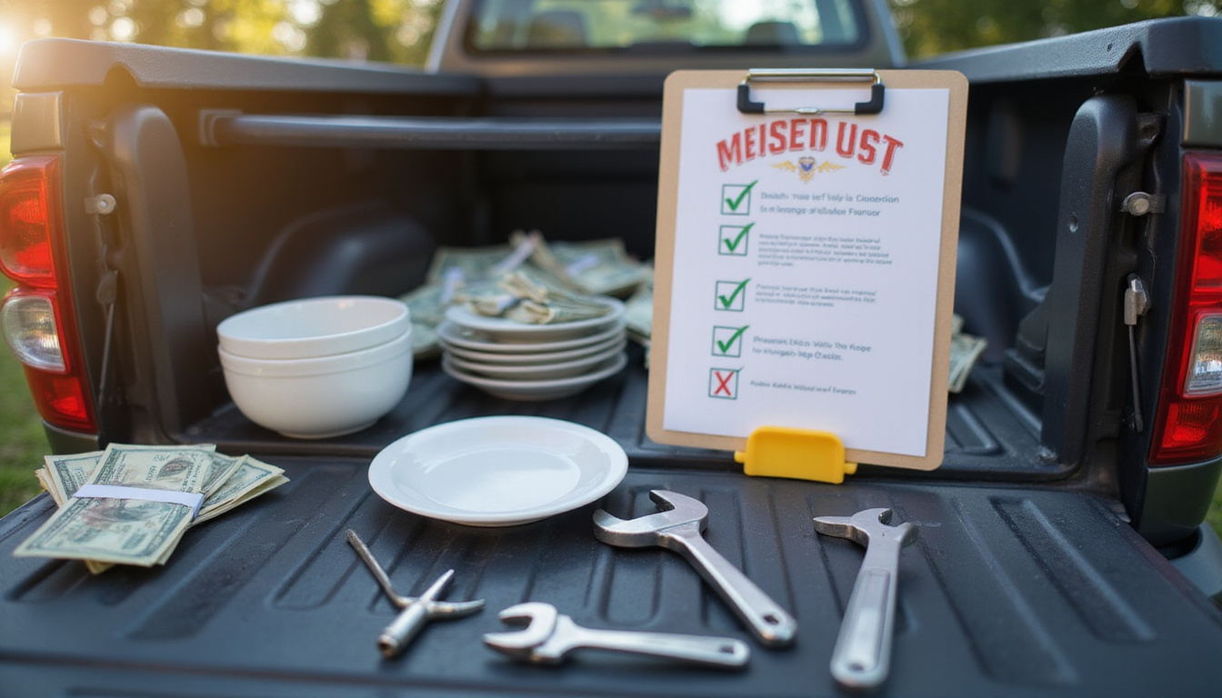 Close-up of tools and safety checklist, disassembled dish parts, cash exchange, pickup truck background