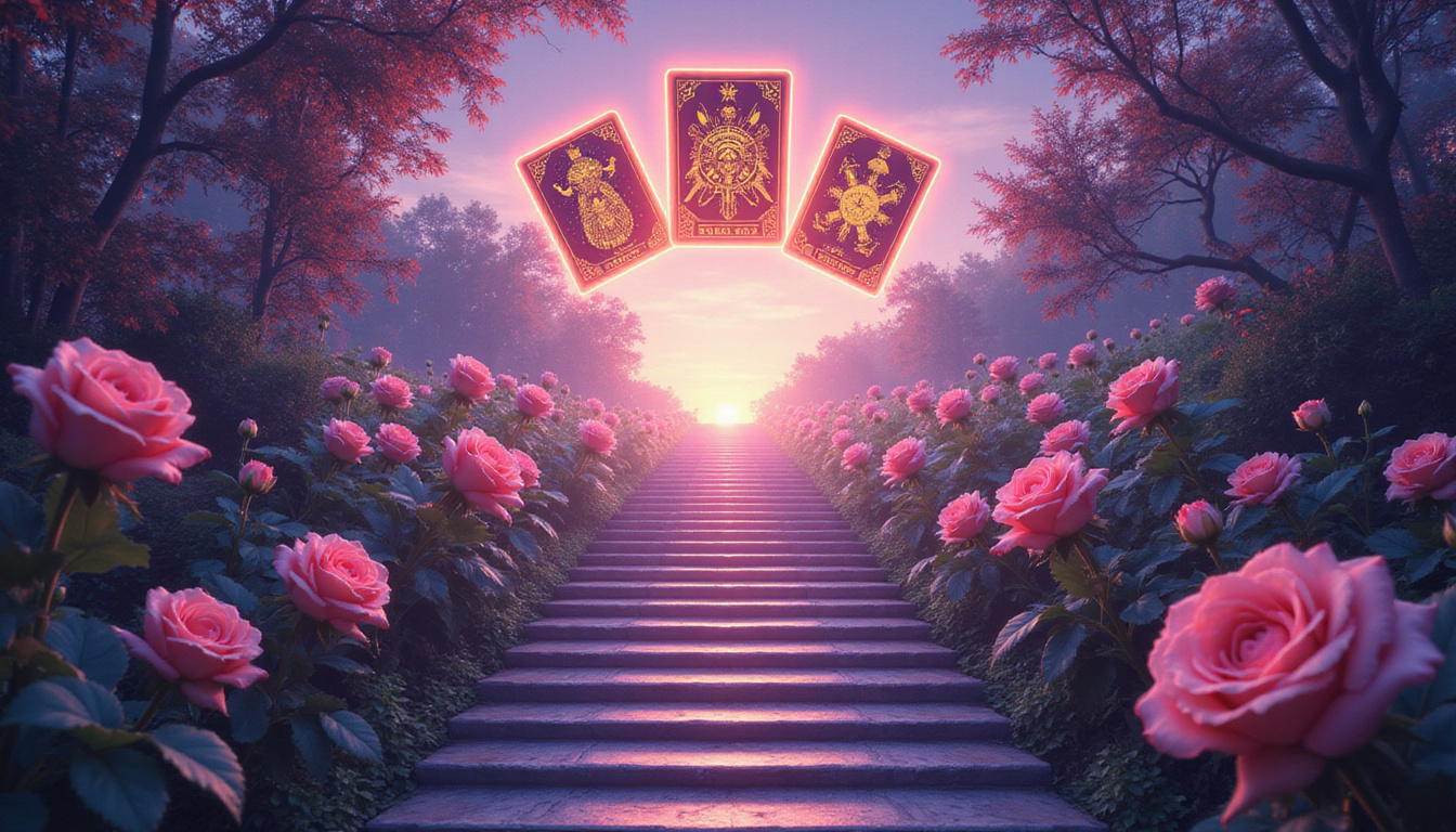 Tarot cards floating, neon zodiac symbols radiating, blooming roses and ascending stairway to success