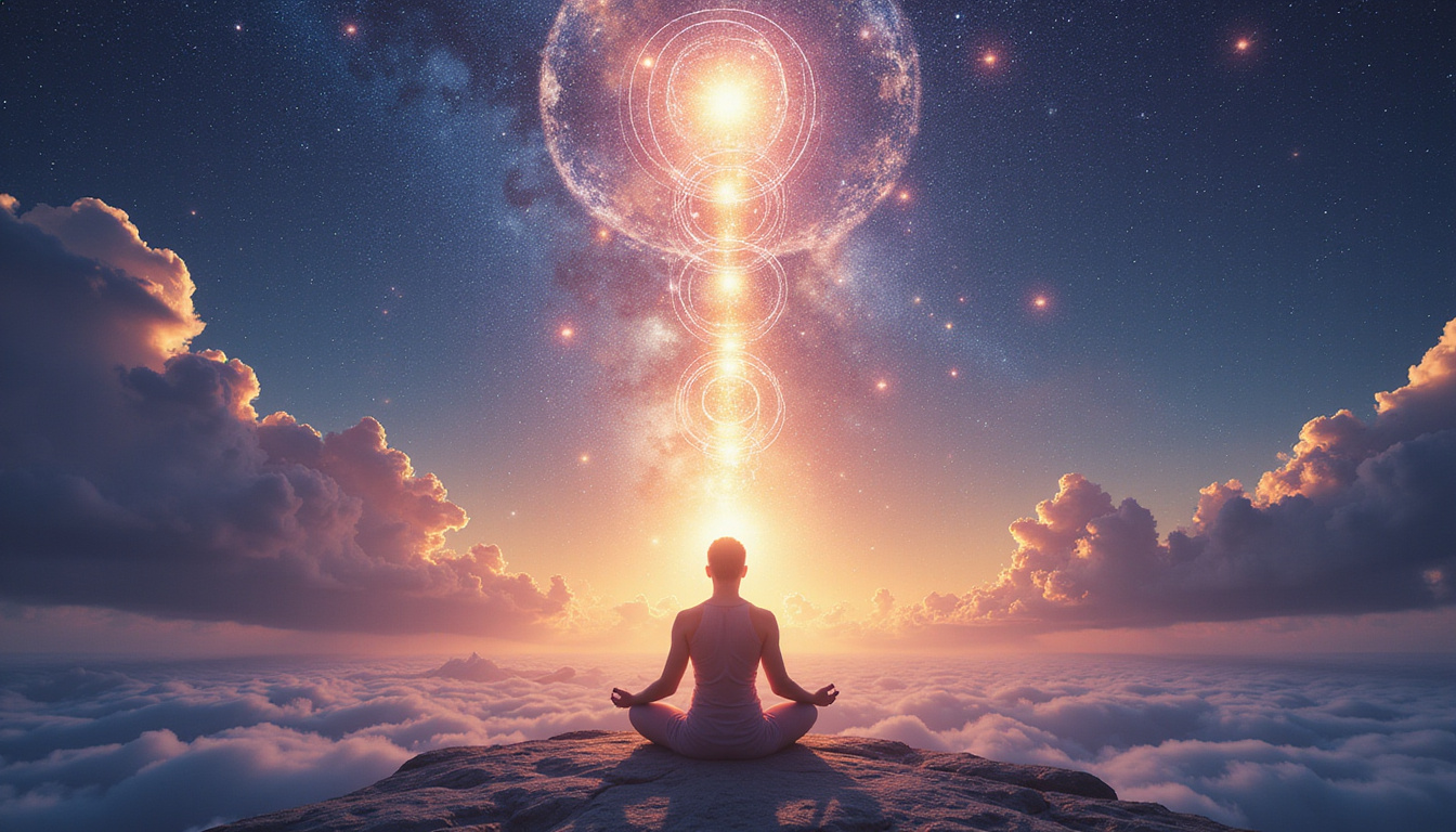  Ethereal corridor of shimmering timelines, planetary sigils aligning above meditating figure, transformative light