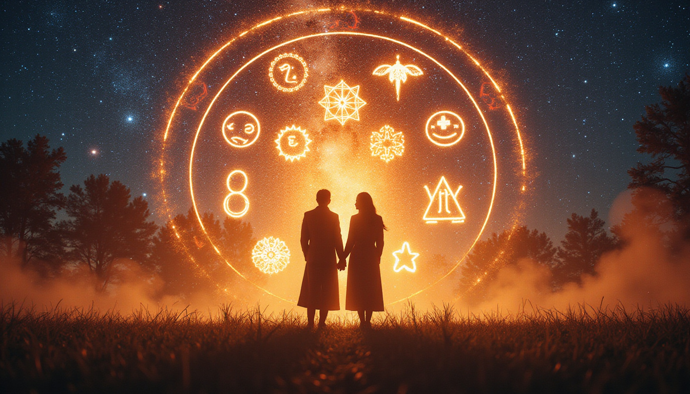 Astrological chart glowing with seven luminous symbols, couple silhouettes bathed in harmony