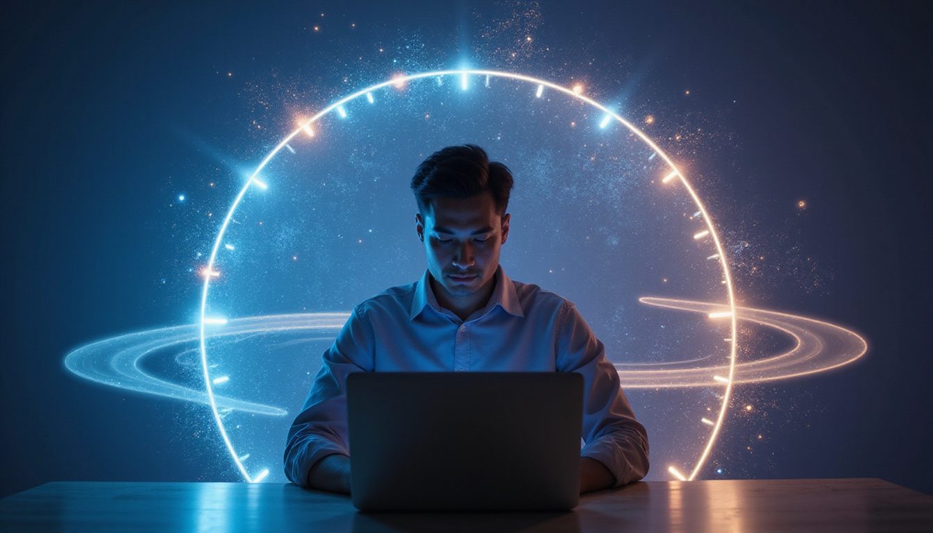  Focused person at laptop enveloped by translucent planetary-hour rings, constellations and glowing icons