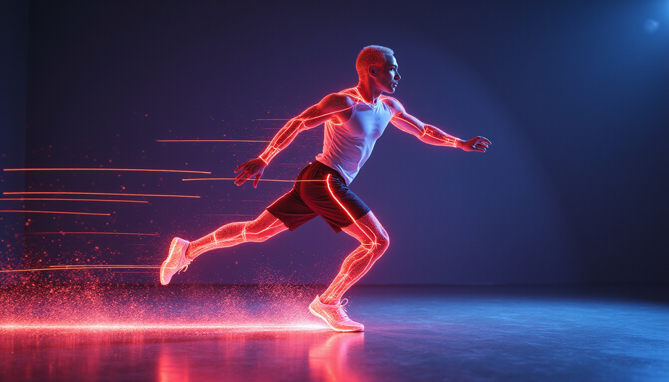  Athlete exploding into forehand step, neon streaks, anatomical hip flexors glowing, high-energy