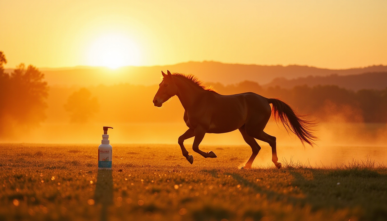  Energetic horse trotting across dew-kissed pasture at sunrise, motion blur, supplement bottle foreground
