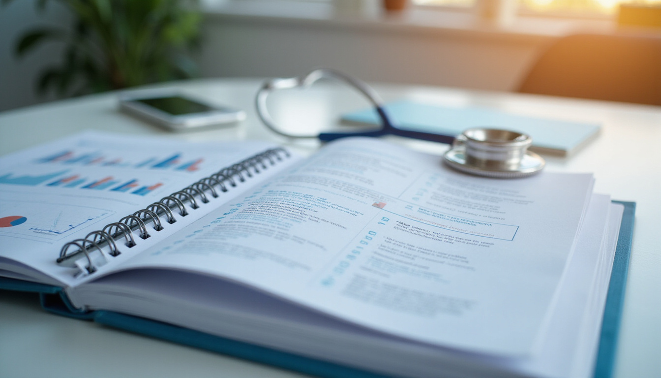  Open guideline manual, clinical checklist, patient outcome graphs, warm light, minimalist medical workspace
