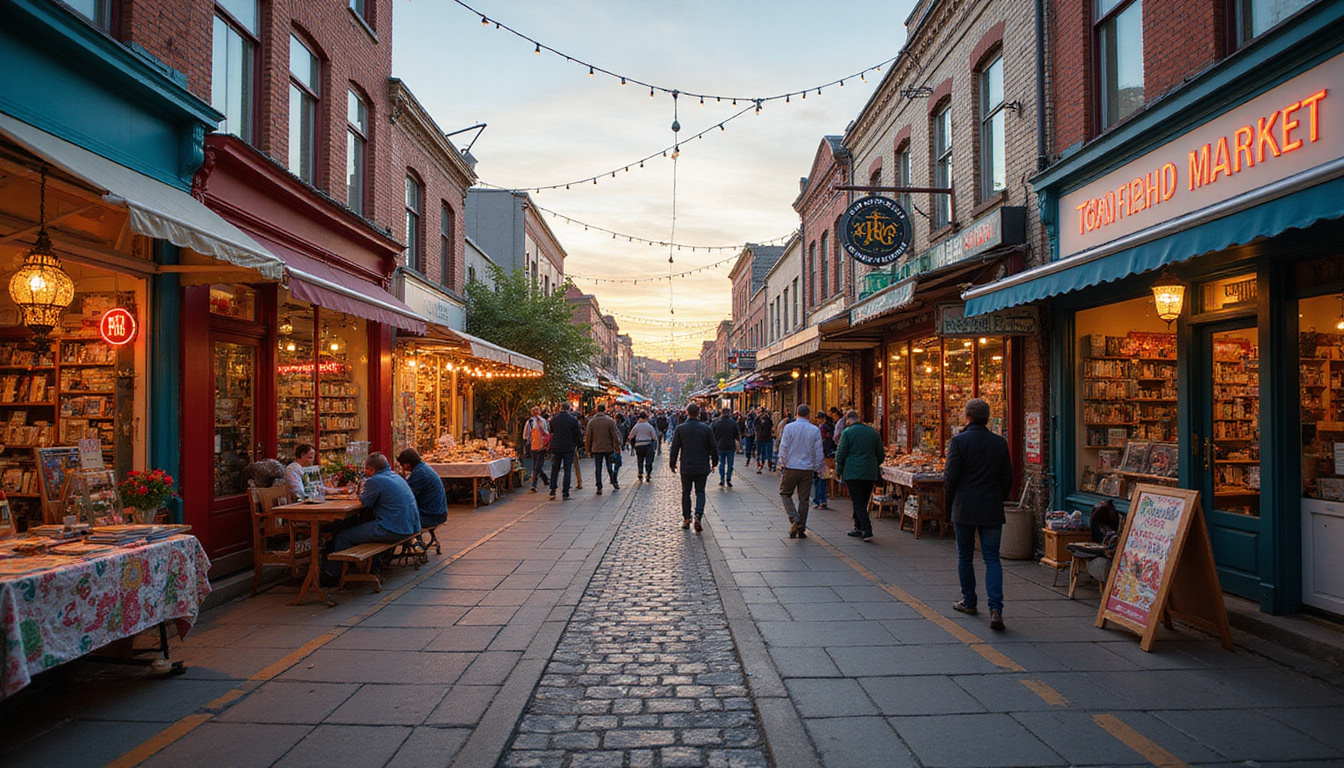  Bustling weekend market, colorful shopfronts, vintage bookstores, neon storefronts, evening golden hour