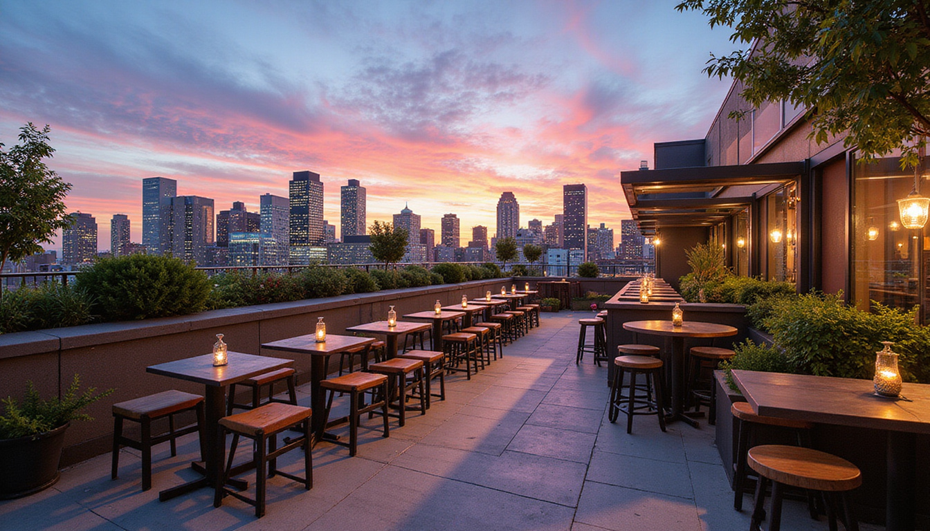Rooftop lounge blending business and leisure, cocktail, coworking tables, greenery, skyline sunset