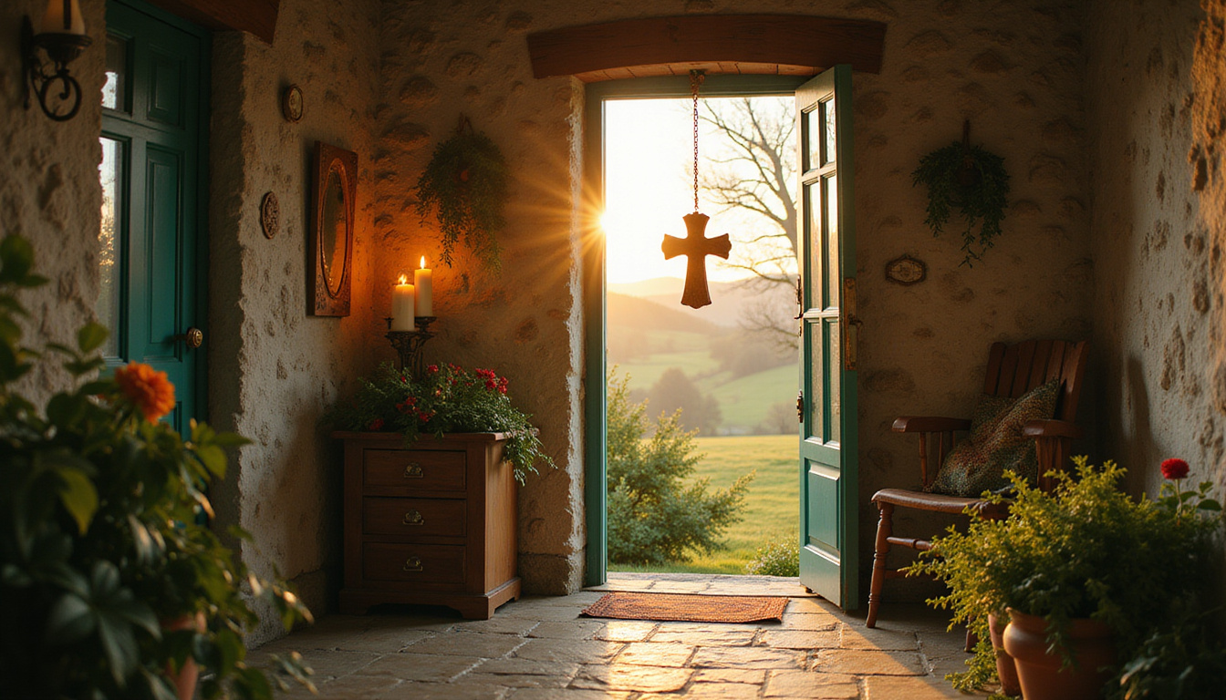  Sunlit Irish cottage doorway with a hanging Brigid